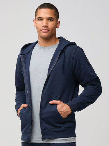 Mikah is 6'1" and wears a size medium # Dark Navy Zip-Up Hoodie | Men's Style at Fresh Clean Threads