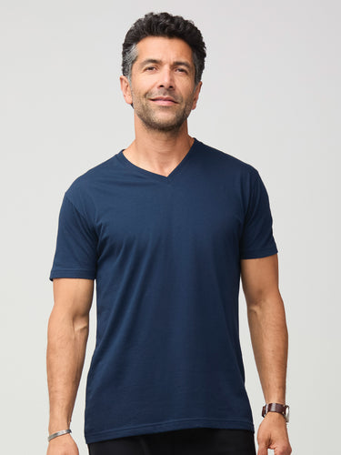 Zadran is 6'0" and wears a size medium # V-Neck Tee in Dark Navy | Fresh Clean Threads