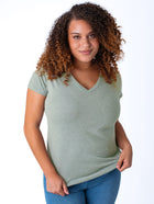 Micah is 5'9, size 10 and wears a size L # Women's Vintage Green V-Neck T-Shirts | Fresh Clean Threads