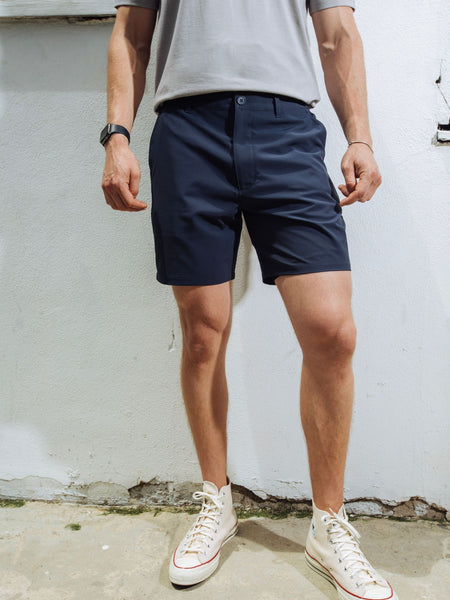 Brad is 5'9", 170LBS and wears a size 30 # Navy Everyday Short | Fresh Clean Threads