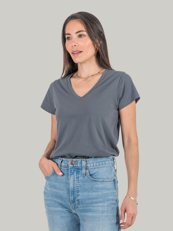 Women's Slate V-Neck Tee | Sarah Studio Size X-Small Tucked | Fresh Clean Threads