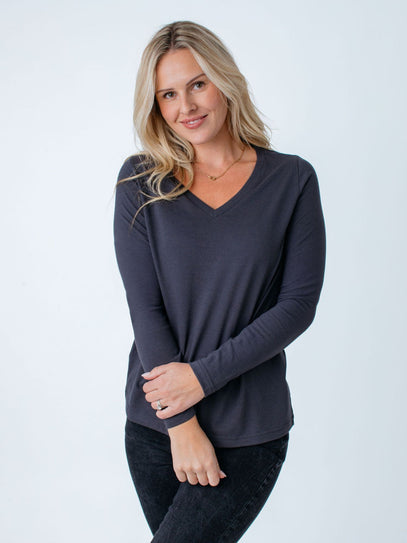 Maddy is 5'8", size 4 and wears a size S # Women's Long Sleeve V-Necks | Vintage Black | Fresh Clean Threads