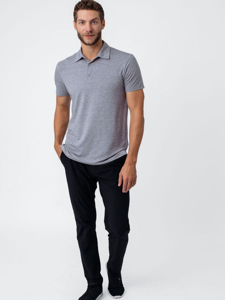 Joe is 6'2, 177LBS and wears a size L # Men's Heather Grey Performance Polo | Fresh Clean Threads