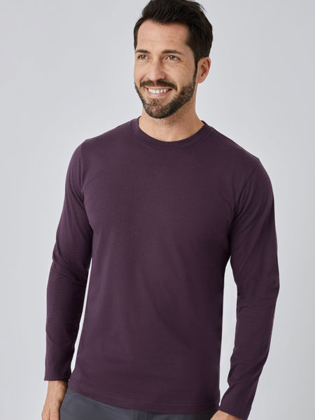 Patrick is 5'10", 163LBS and wears a size M # Long Sleeve Crew Tees | Nordic Purple | Fresh Clean Threads