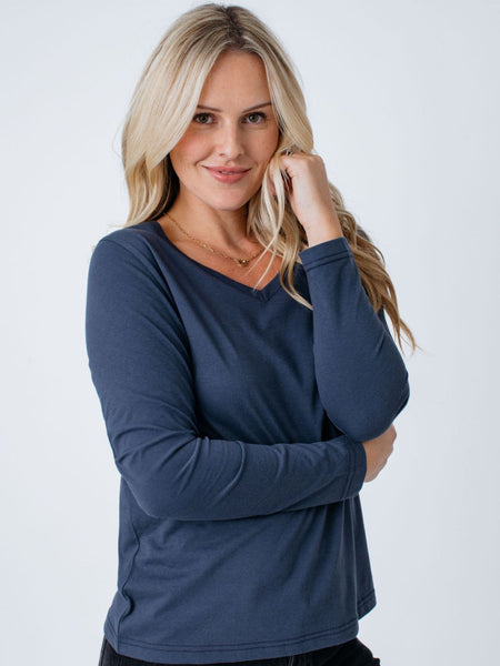 Maddy is 5'8", size 4 and wears a size S # Women's Long Sleeve V-Neck Basic Pack | Fresh Clean Threads