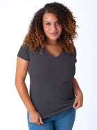 Micah is 5'9, size 10 and wears a size L # Women's V-Necks | Vintage Black | Fresh Clean Threads