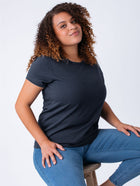 Micah is 5'9, size 10 and wears a size L # Women's Indigo Blue Crew Neck Tee | Fresh Clean Threads