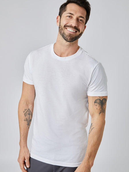 Patrick is 5'10", 163LBS and wears a size M # White Crew Neck Tee | Patrick wears size Medium | Fresh Clean Threads