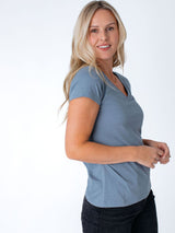 Maddy is 5'8", size 4 and wears a size S # Ladies' Wedgewood V-Neck Tee | Fresh Clean Threads