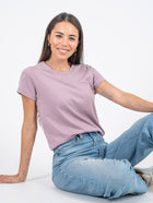 Sarah is 5'8, size 2 and wears a size XS # Women's Thistle Crew Neck Tee | Sarah Studio Size X-Small Tucked | Fresh Clean Threads