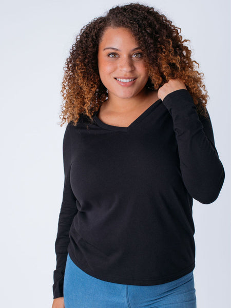 Micah is 5'9, size 10 and wears a size L # Women's Black Long Sleeve with V-Neck | Fresh Clean Threads
