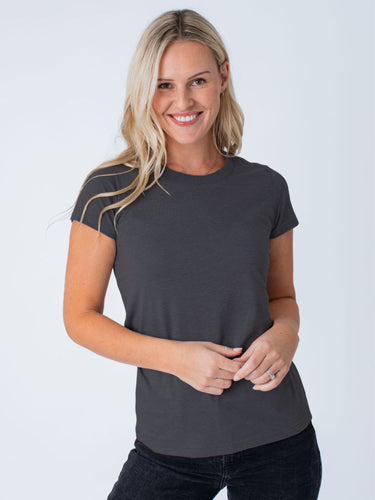 Maddy is 5'8", size 4 and wears a size S # Women's Vintage Black Crew Tee | Fresh Clean Threads