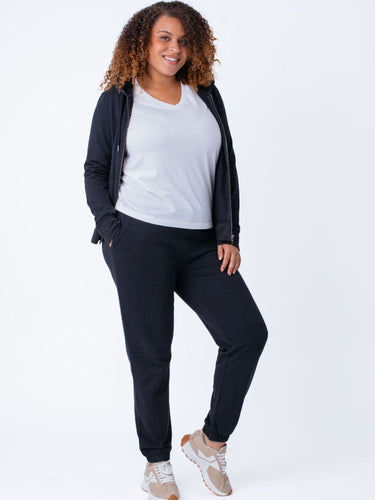 Micah is 5'9, size 10 and wears a size L # Women’s Jogger Pack | Black + Odyssey Blue | Fresh Clean Threads
