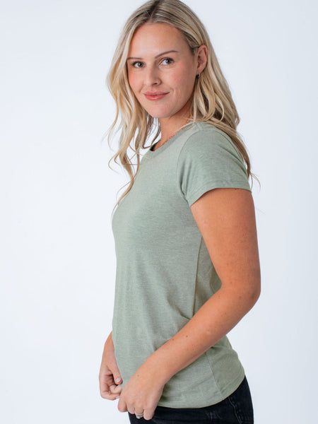 Maddy is 5'8", size 4 and wears a size S # Women's Vintage Green Crew | Fresh Clean Threads