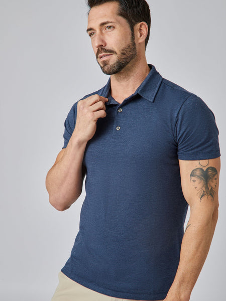 Patrick is 5'10", 163LBS and wears a size M # Steel Blue Torrey Polo Studio Model Size Medium | Fresh Clean Threads