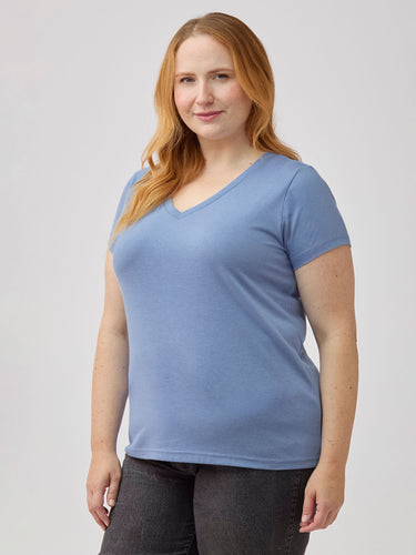 Ryn is 5'9" (size 14-16) and wears size XL # Flattering Women's Tees | Lakeshore V-Neck Tops