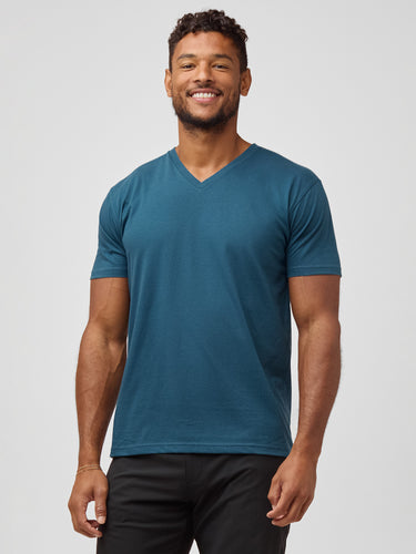Nico is 6'4" and wears size Large Tall # Sea Blue Men's V-Neck T-Shirts | Find Your Perfect Fit