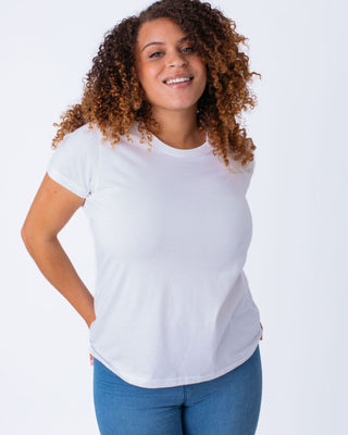 Micah is 5'9, size 10 and wears a size L # Women's Basic White Crew Neck | premium women's t-shirts