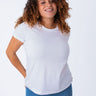 Micah is 5'9, size 10 and wears a size L # Women's Basic White Crew Neck | Fresh Clean Threads