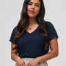 Nathalie is 5'6" and wears a size S # Women's Dark Navy V-Neck | Women's Collection at Fresh Clean Threads