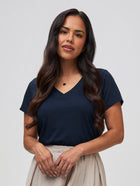 Nathalie is 5'6" and wears a size S # Women's Dark Navy V-Neck | Women's Collection at Fresh Clean Threads