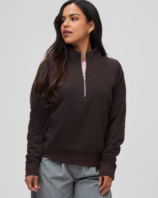 Nathalie is 5'6" and wears a size S # Women's Half Zip in Espresso | New Style at FCT