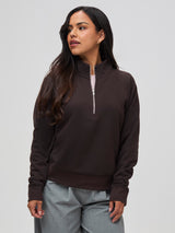 Nathalie is 5'6" and wears a size S # Women's Half Zip in Espresso | New Style at FCT