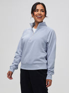 Nathalie is 5'6" and wears a size S # Your New Favorite Sweatshirt | Women's Half Zip Sweatshirt at Fresh Clean Threads 