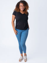 Micah is 5'9, size 10 and wears a size L # Women's Black Basic V-Neck | Fresh Clean Threads