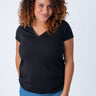 Micah is 5'9, size 10 and wears a size L # Women's V-Necks in Black | Fresh Clean Threads