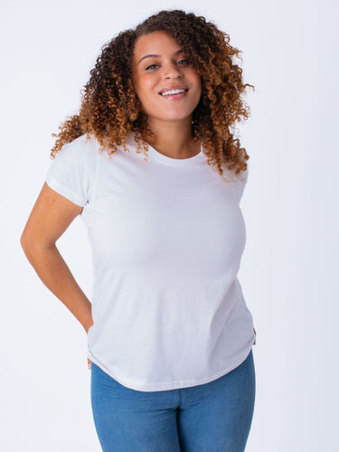 Micah is 5'9, size 10 and wears a size L # Women's Best Sellers Crew 5-Pack with Membership | White | Fresh Clean Threads